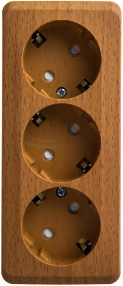 Schneider Electric  ЭТЮД  Темный Бук  Розетка 3-местная открытая установка с заземляющими контактами со шторками 16А, 250B Сделано в России PA16-012T