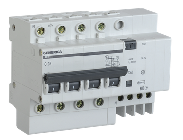 Дифференциальный автомат  4П  25А   30мА  GENERICA  АД14