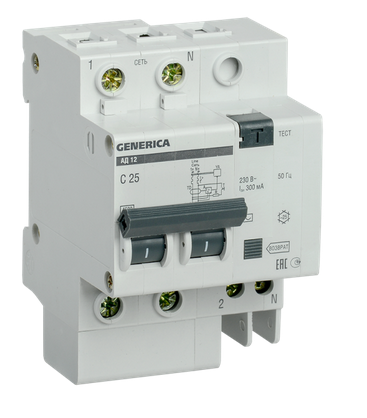 Дифференциальный автомат  2П  25А 300мА  GENERICA  АД12